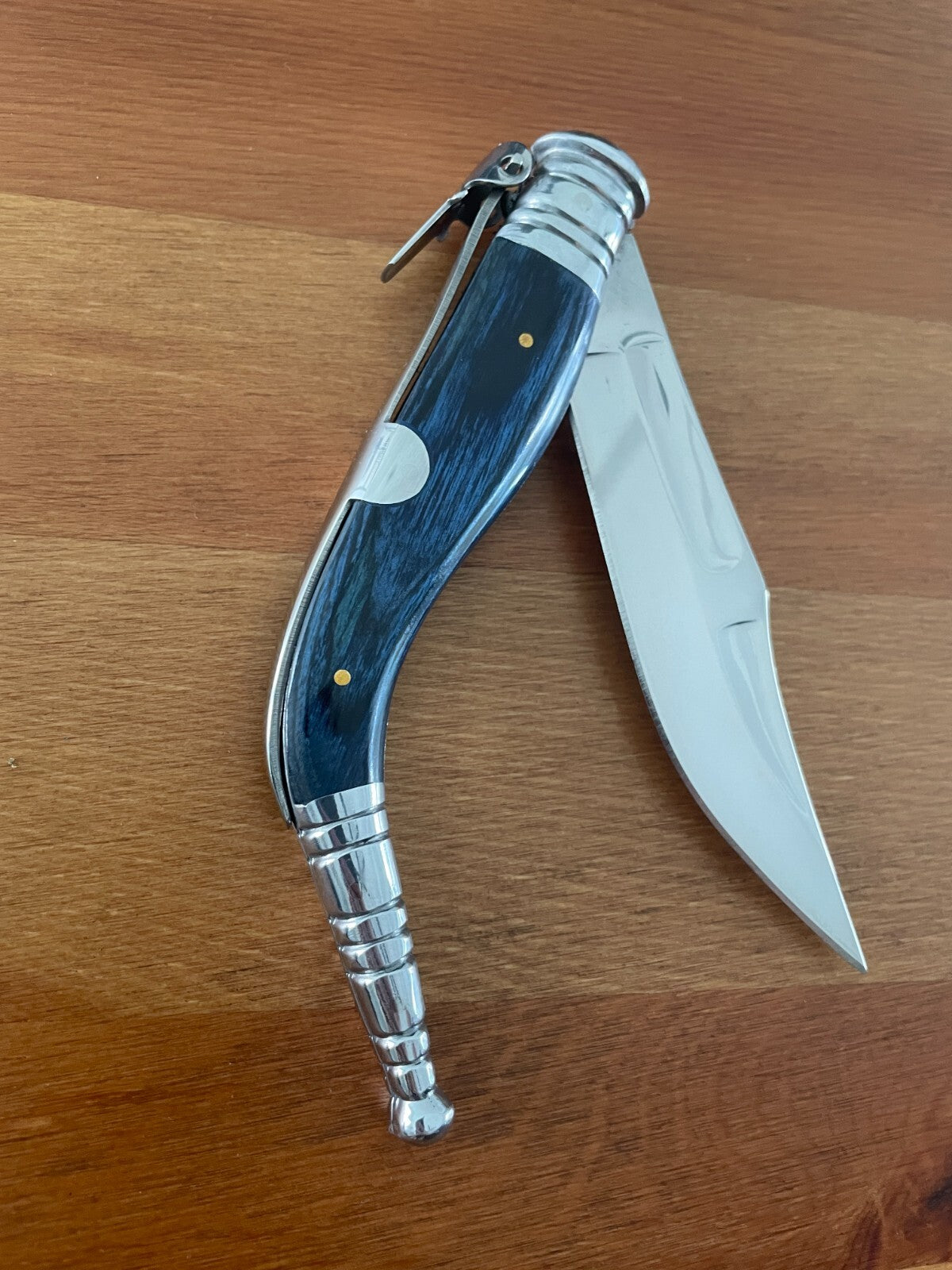 4.5" Spanish Navaja Sevillana Pocket Knife Blue Wood Stamina Scales with Ratchet