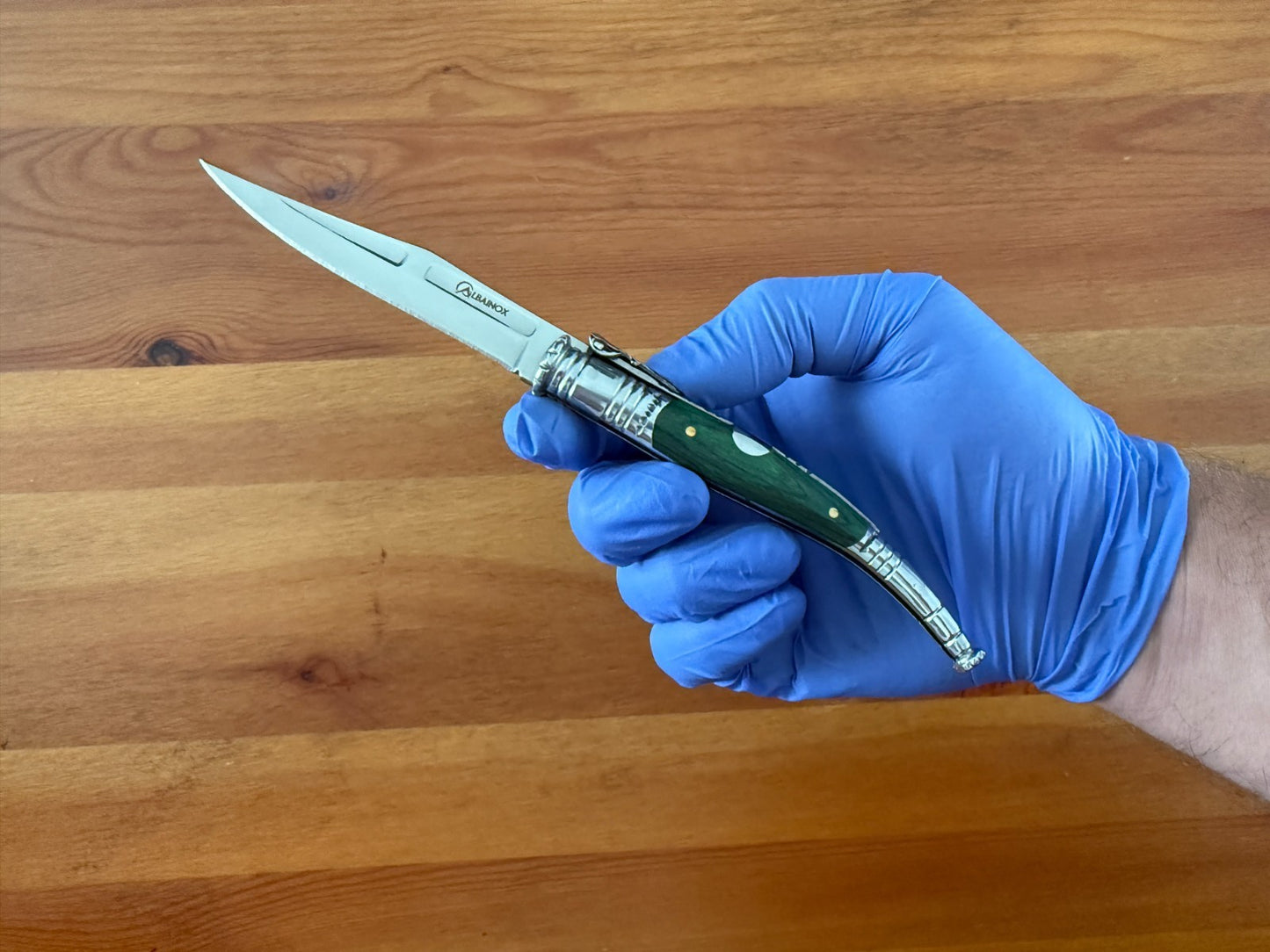 3.34” Spanish Navaja Serrana Ratchet Folding Knife Green Wood Scales From Spain