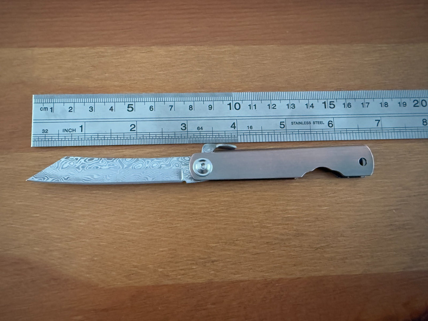 3" Damascus Navaja Higonokami Knife Steel Handle Satin Bronze Finish w/ Sheath