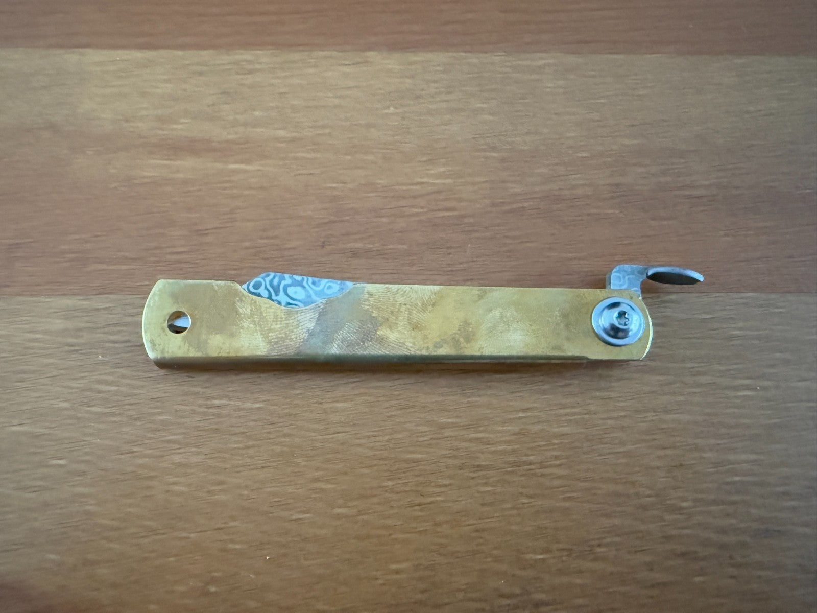 3" Navaja Higonokami Knife Brass Handle with Damascus Blade with Sheath