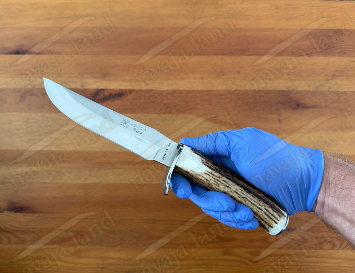 Joker Tigre Hunting Knife 5.5” MOVA Blade Deer Antler Handle Leather Sheath