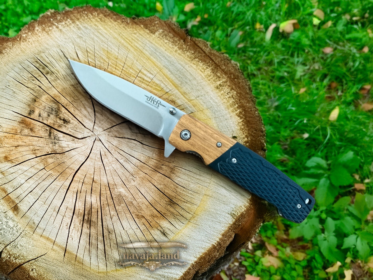 Sporting Folding Knife 3.4” Stainless Steel Blade G10 & Wood Handle Liner Lock