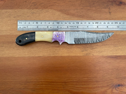 4.5 in. Damascus Handmade Knife Camel bone and Bullhorn / Leather Sheath