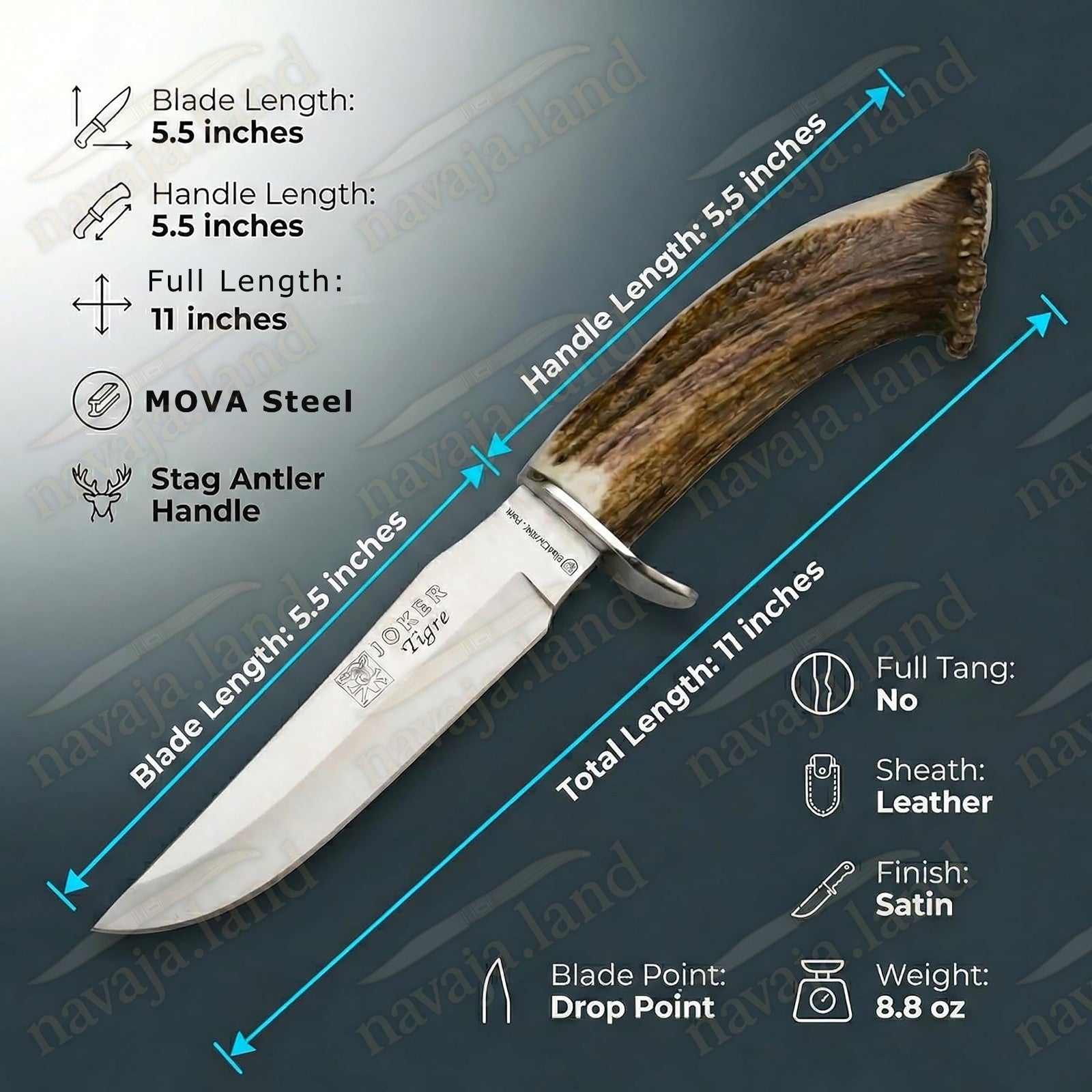 Joker Tigre Mountain Knife 5.51” MOVA Blade Stag Crown Handle Leather Sheath