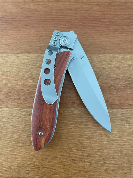 3.3" Stainless Steel Satin Blade Folding Knife Steel and Wood Handle Pocket Clip