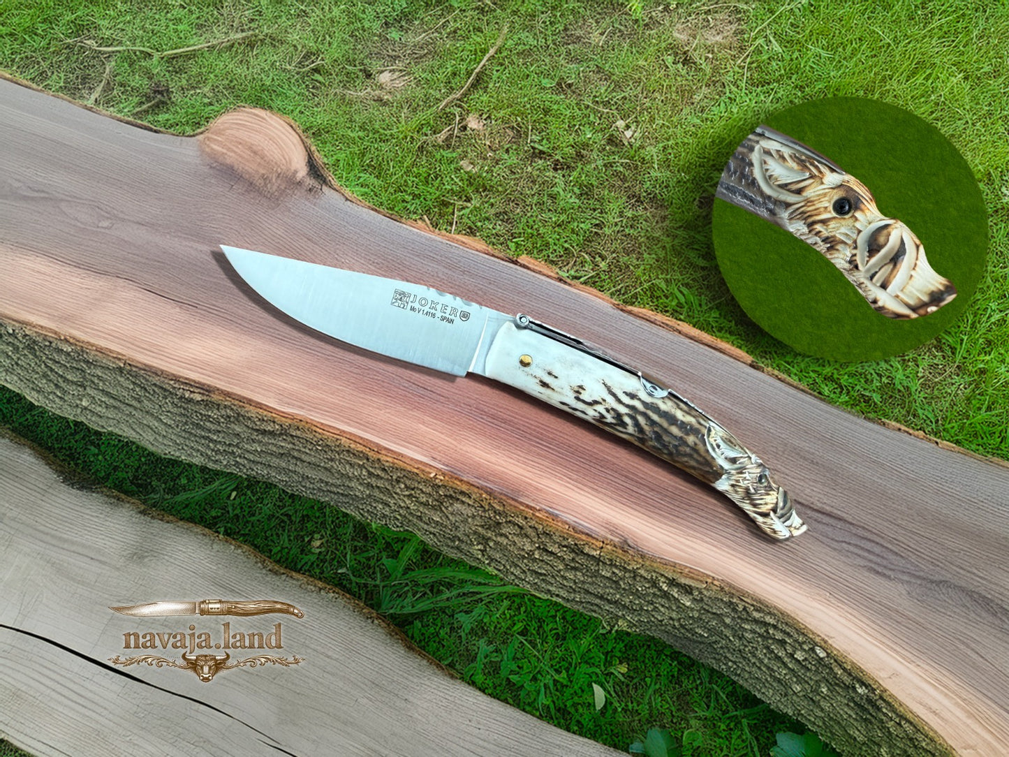 Joker Folding Knife w/ Hand Carved Wild Boar Motif Deer Antler 3.1" MOVA Steel