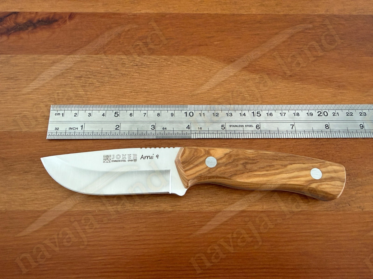 Joker Arrui 9 Outdoor Knife – 3.5” Blade | Olive Wood Handle | Leather Sheath