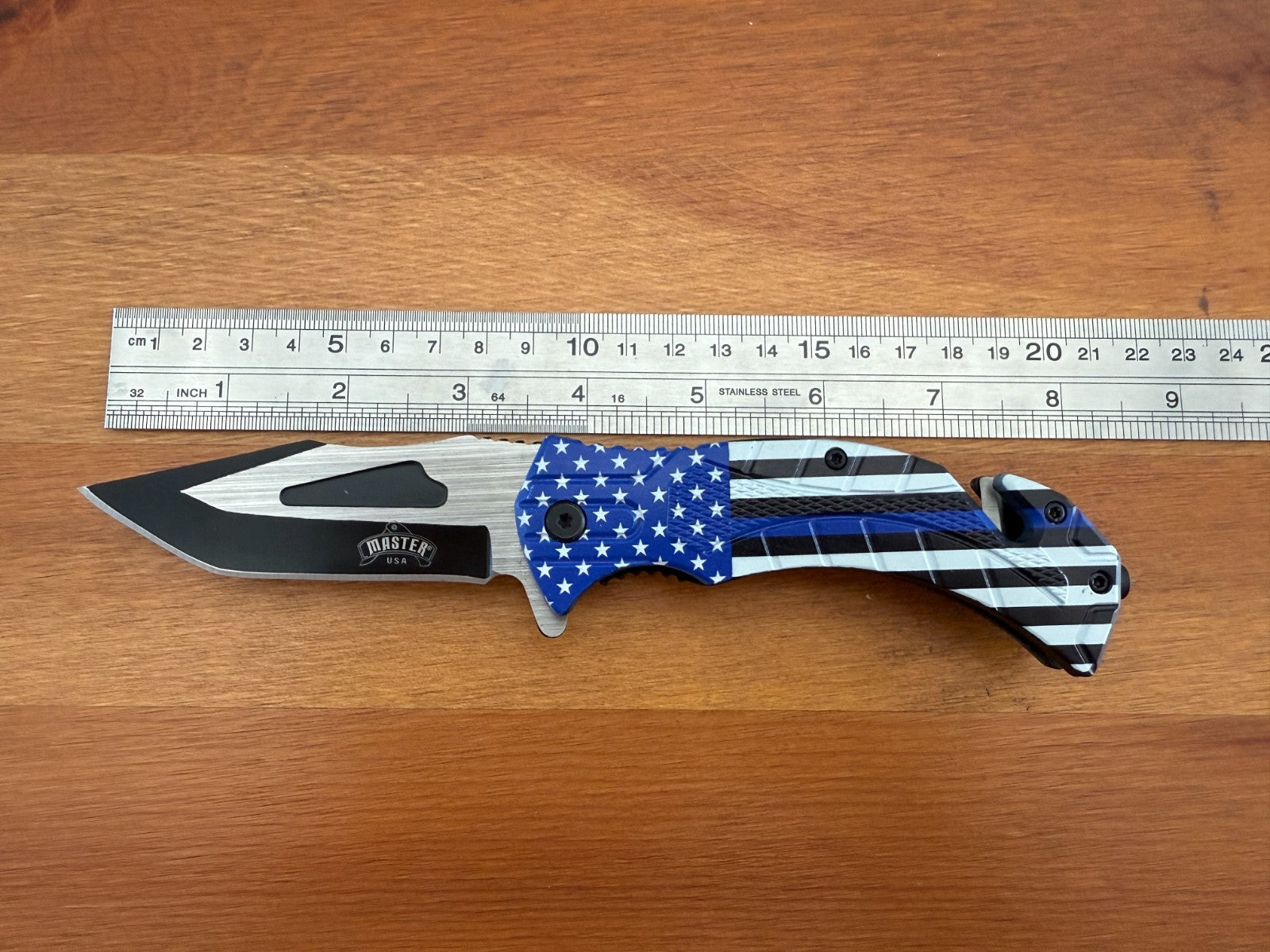 3.5" Steel Blade Master USA Folding Knife Assisted Thin Blue Line Flag Themed