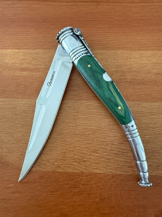 4.9” Spanish Navaja Serrana Folding Ratchet Knife Green Stamina Wood Scales