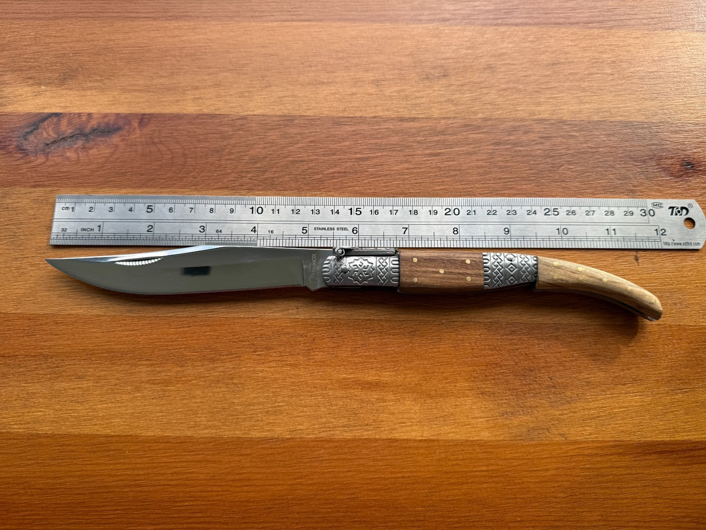 5.3" Blade Arabian Style Ratchet Navaja Knife Zebra Wood Handle Ornamented