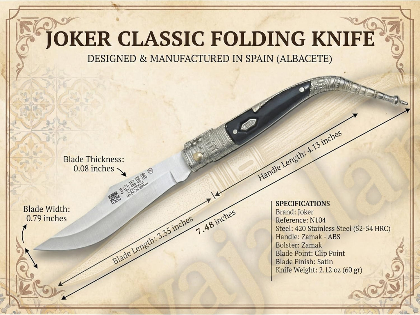 3.3” Albacete Navaja Joker Sevillana Knife Zamak Handle Handmade Slipjoint Spain