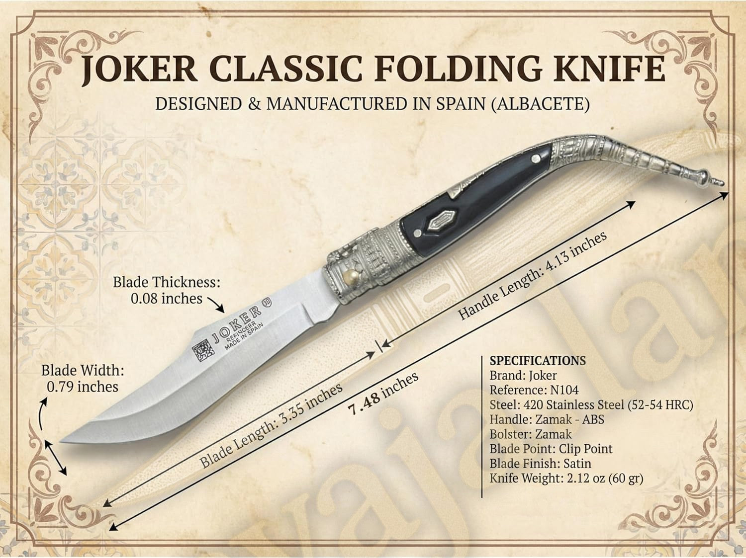 3.3” Albacete Navaja Joker Sevillana Knife Zamak Handle Handmade Slipjoint Spain