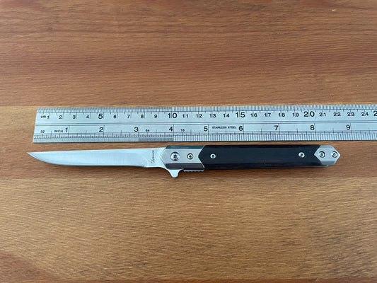 3.6" Stainless Steel Folding Knife Black Wood Scales Assisted Opening and Sheath