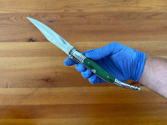 4.9” Spanish Navaja Serrana Folding Ratchet Knife Green Stamina Wood Scales