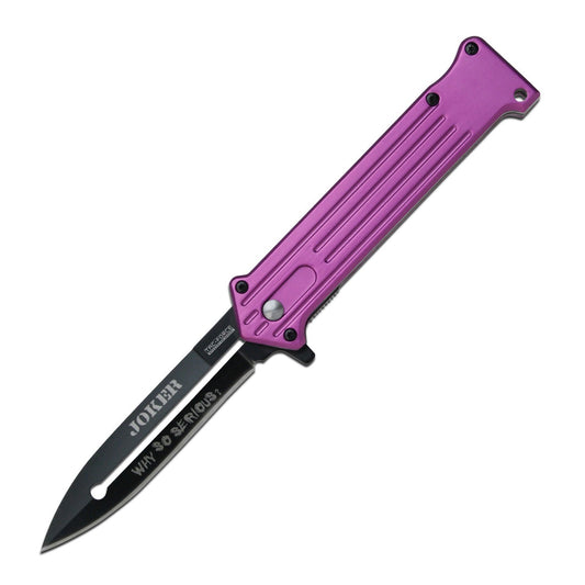3" Fine Edge Spear Point Blade Spring Assisted Pocket Knife Purple Handle Joker
