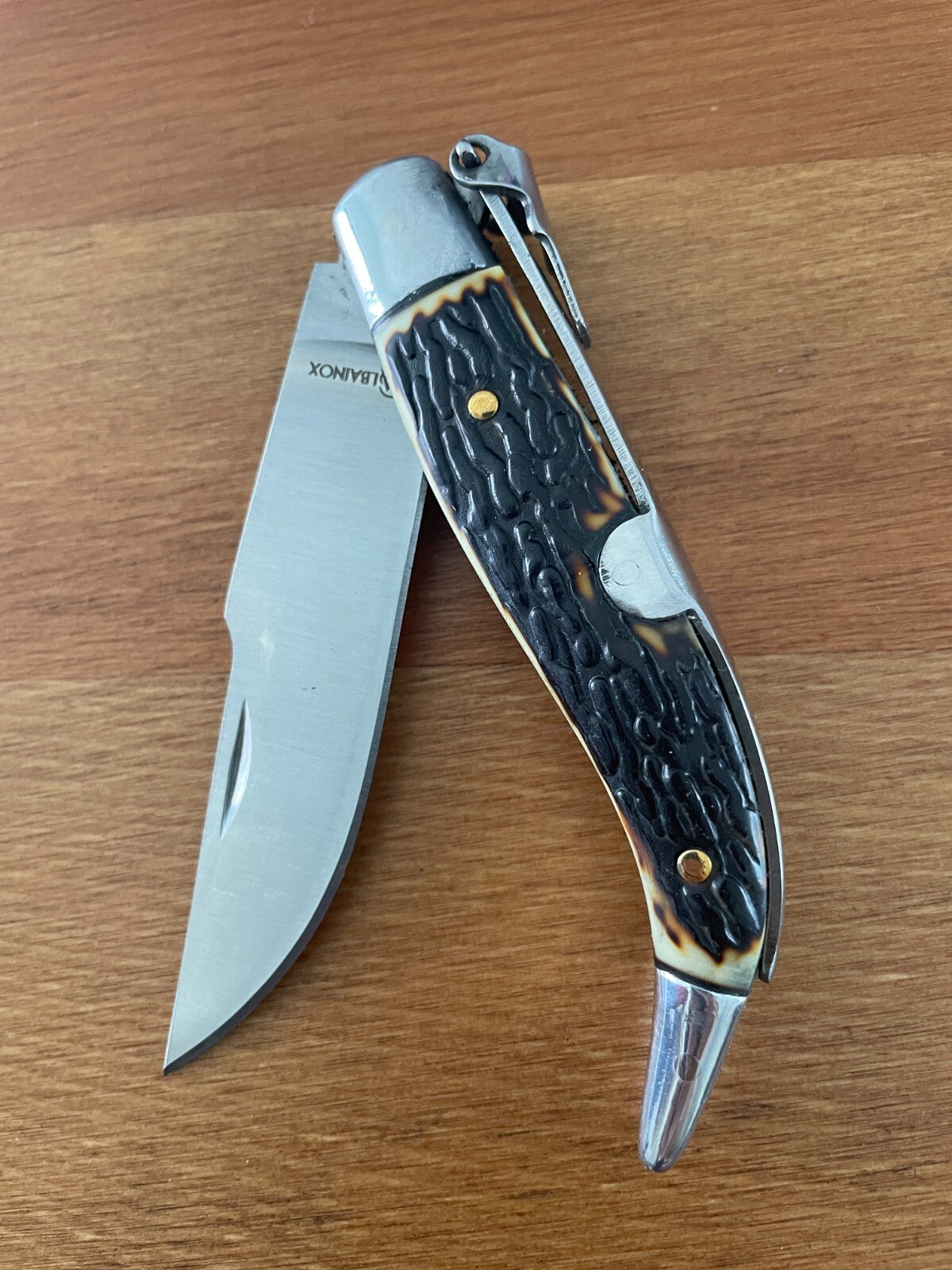 3.22" Carbon Steel Spanish Navaja Teja Deer Antler Imitation Scales Billet Lock