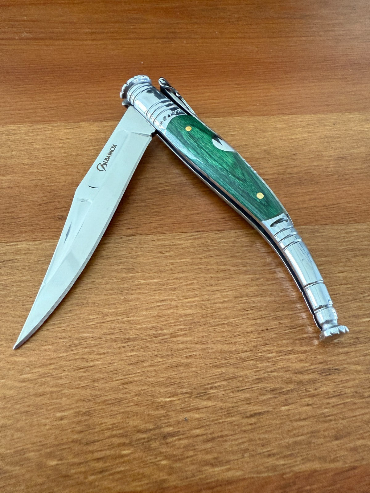 3.34” Spanish Navaja Serrana Ratchet Folding Knife Green Wood Scales From Spain