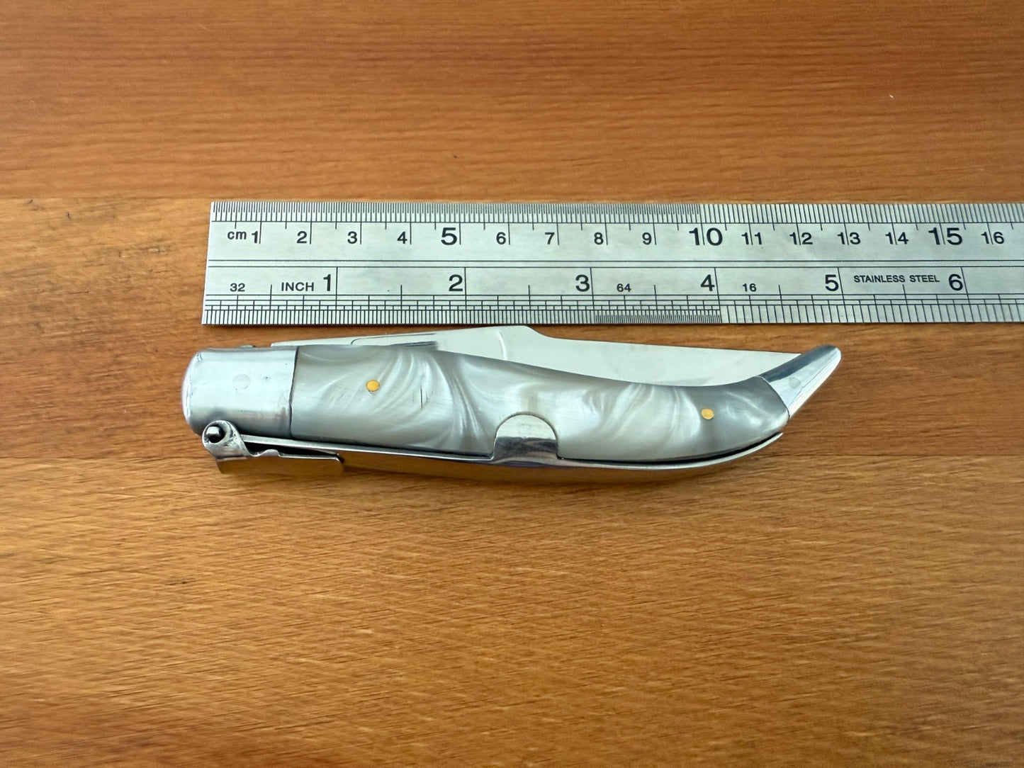 3.6" Steel Blade Spanish Navaja Teja Albacete Mother of Pearl Imitation Scales