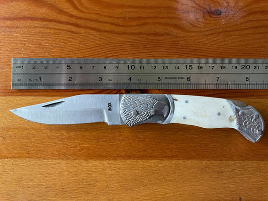 3.5" Spanish Navaja Pocket Knife Eagle Bolsters Bone Scales Lockback USA Seller