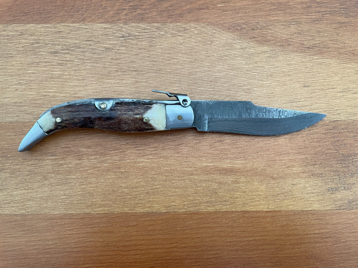 3.14” Spanish Navaja Pocket Knife Damascus Steel Deer Antler Scales -  US Seller