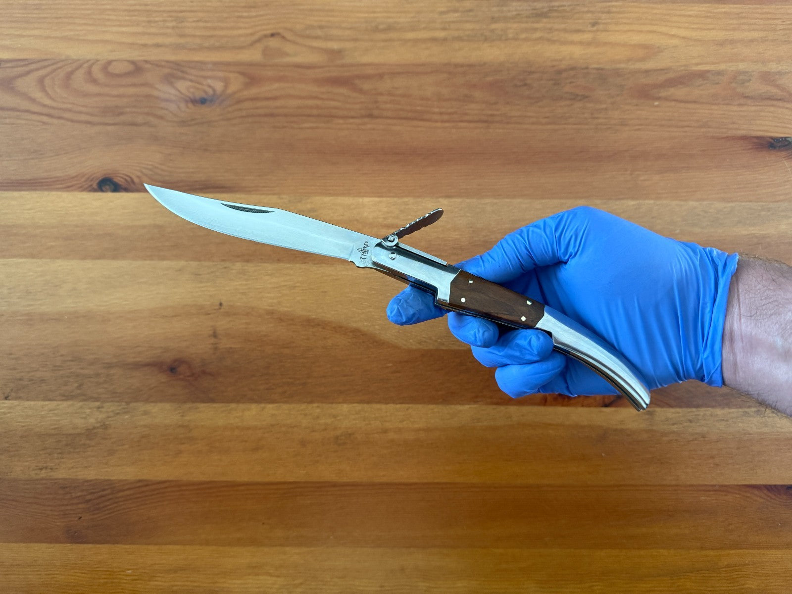 5.1" Arabian Style Navaja with Ratchet Pocket Knife Olive Wood and Steel Handle