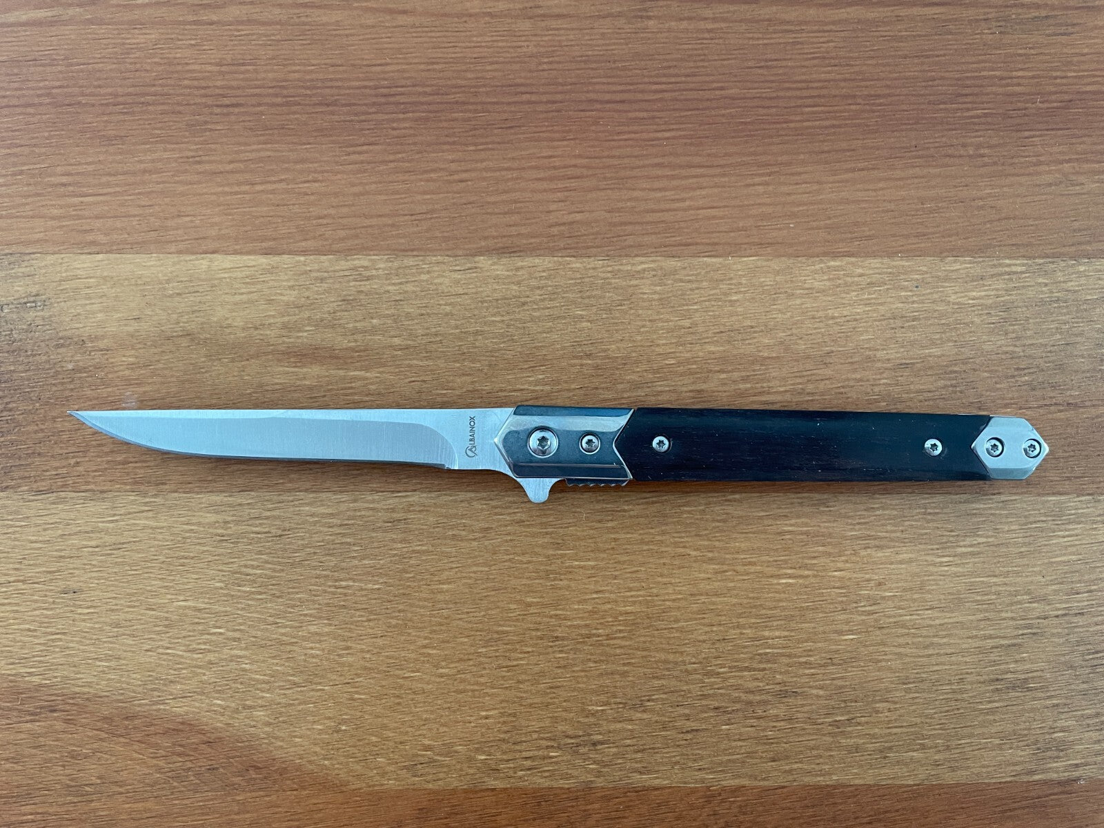 3.6" Stainless Steel Folding Knife Black Wood Scales Assisted Opening and Sheath