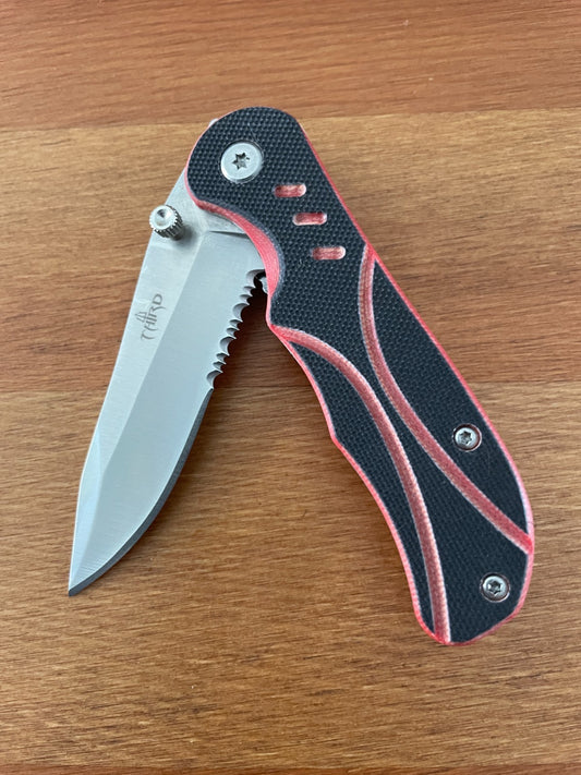 3" 420 Steel Pocket Knife Serrated Pocket Clip Bicolor Black/Red Handle & Sheath