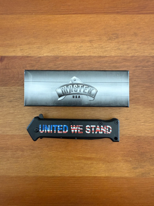 3.5" Fine Edge Stiletto Blade Spring Assisted Knife Master USA United We Stand