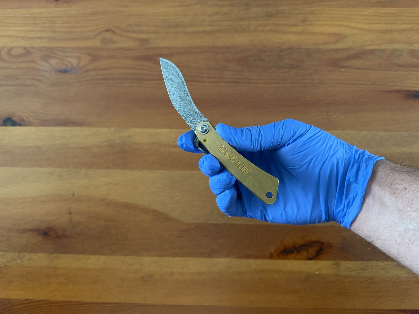 2.75" Damascus Falcata Blade Navaja Higonokami Pocket Knife Brass Handle Sheath