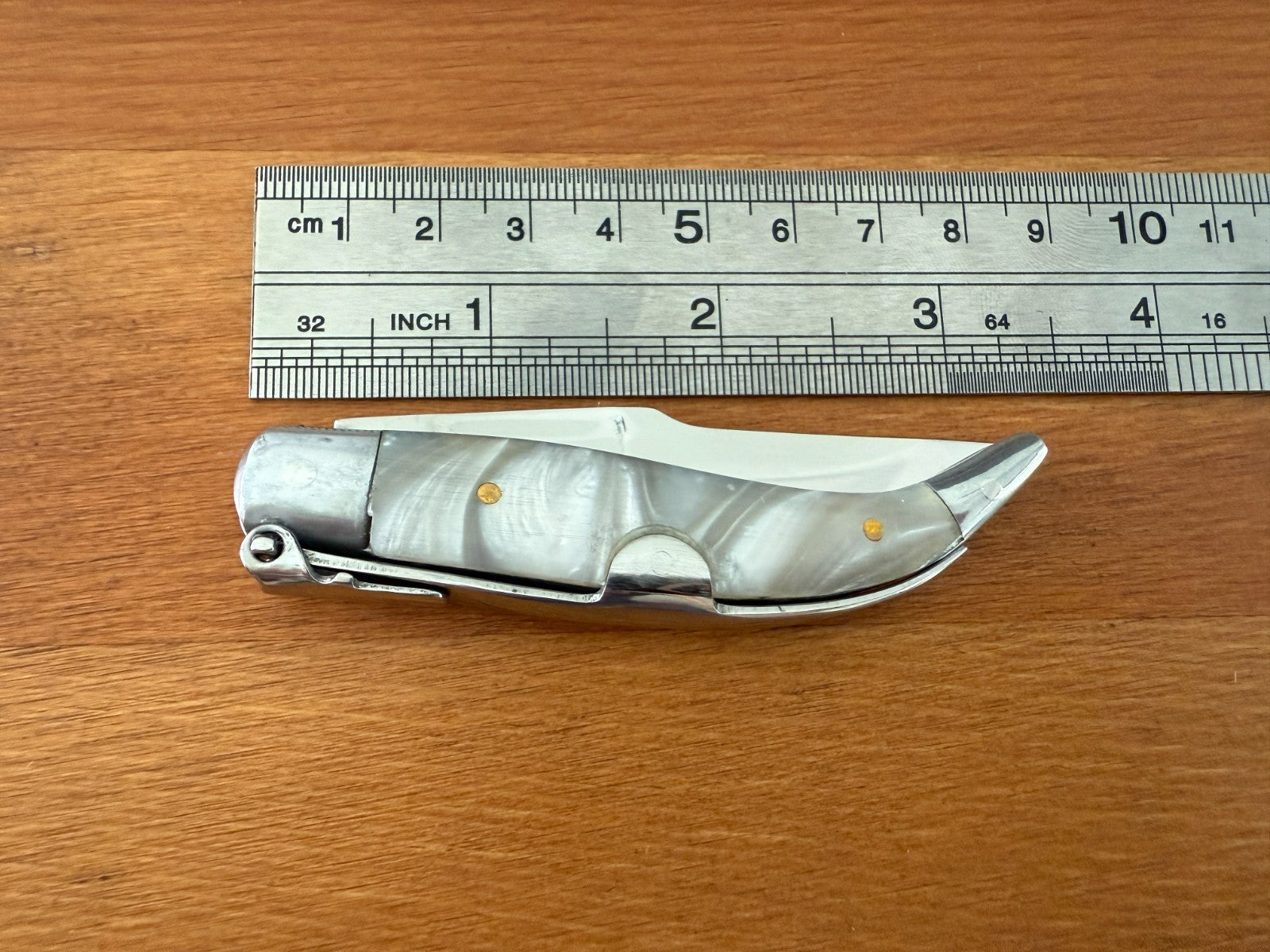 2.6" Steel Blade Spanish Navaja Teja Albacete Mother of Pearl Imitation Scales