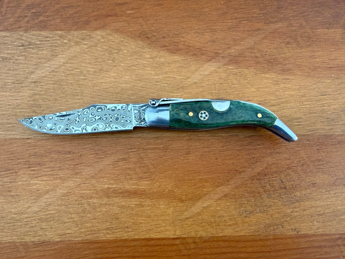 2.56” 67-Layer Damascus Blade Spanish Albacete Navaja Folding Knife Green Bone