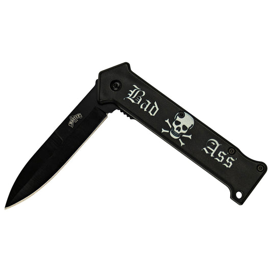 3.5" Bad Ass Embossed Spring Assisted Pocket Knife Oxidized Stainless Steel