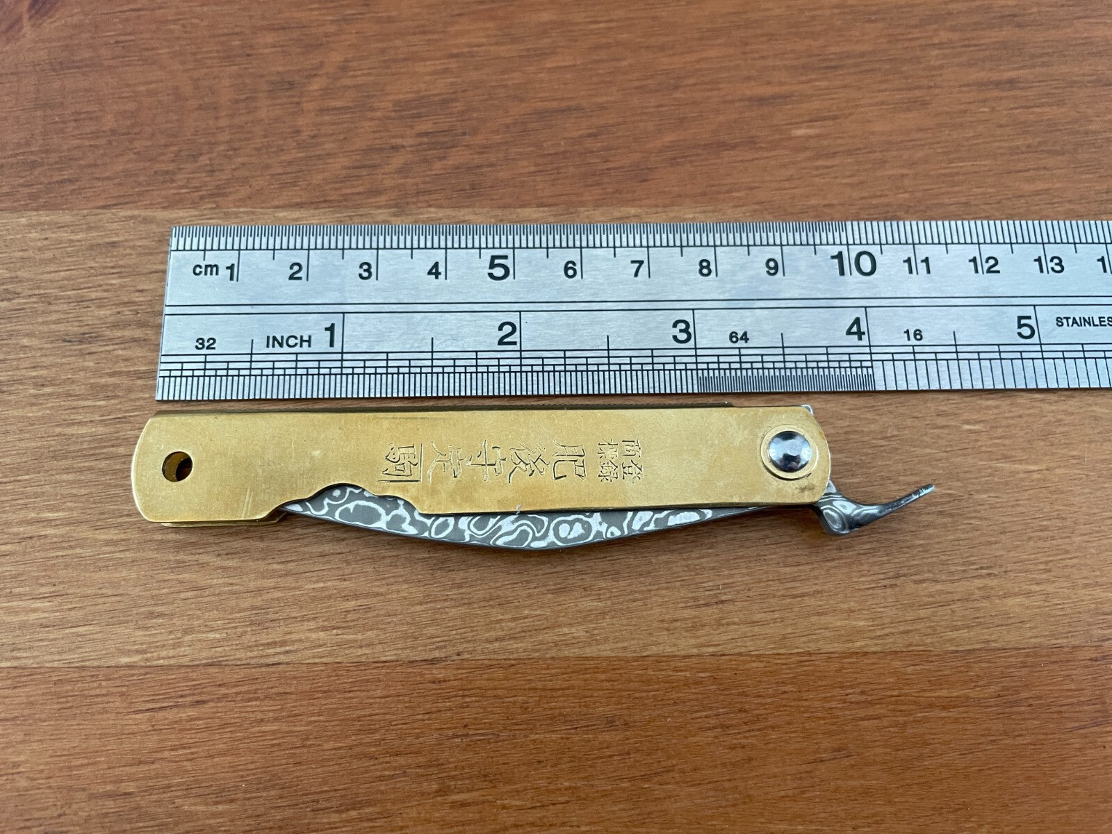 2.9" Navaja Higonokami Pocket Knife 79-layer Damascus Brass Handle with Sheath