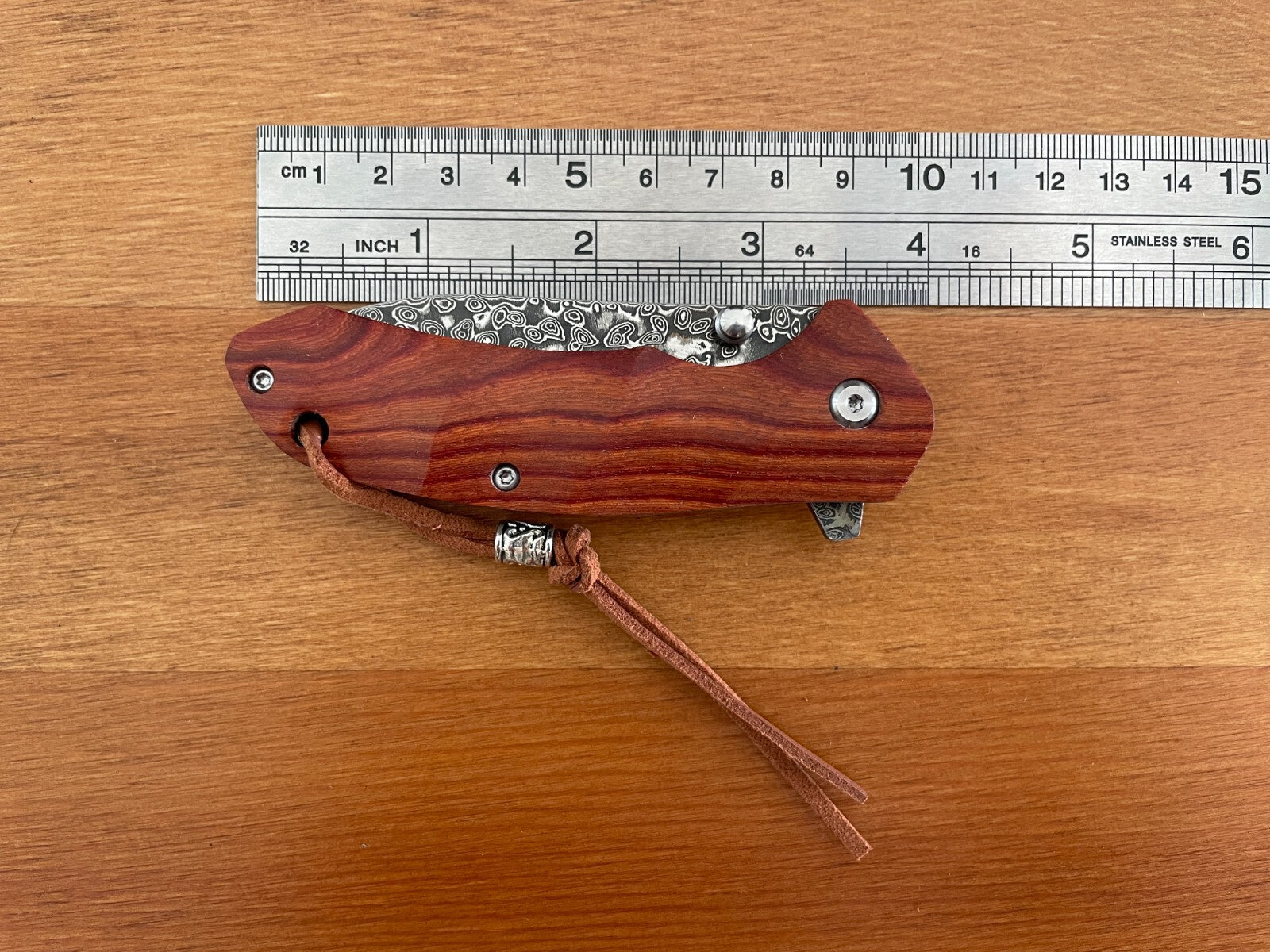 2.9” Damascus 73 Layers Navaja Pocket Knife with Wood Scales Leather Sheath