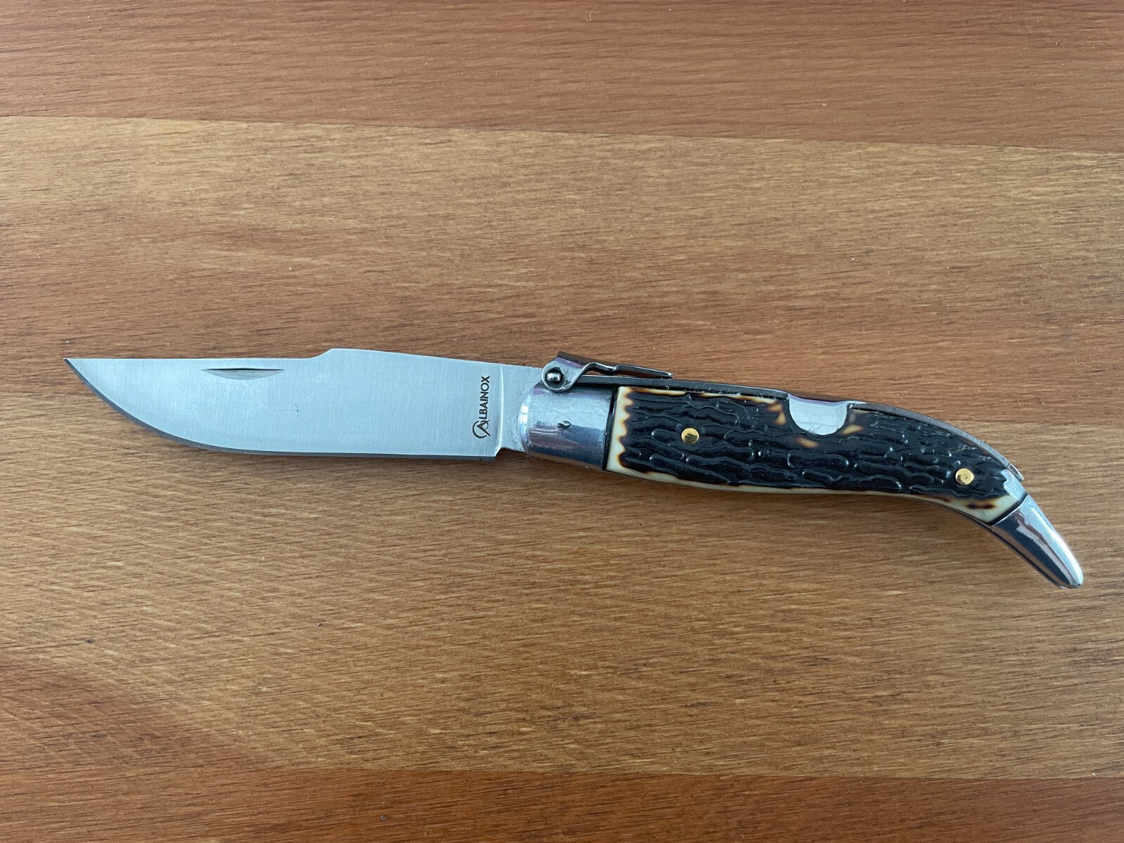 3.22" Carbon Steel Spanish Navaja Teja Deer Antler Imitation Scales Billet Lock