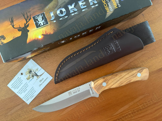 Joker Arrui 12 Outdoor Knife – 4.7” Blade | Olive Wood Handle | Leather Sheath