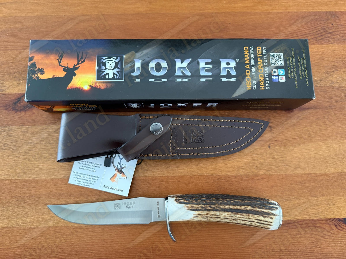 Joker Tigre Hunting Knife 5.5” MOVA Blade Deer Antler Handle Leather Sheath