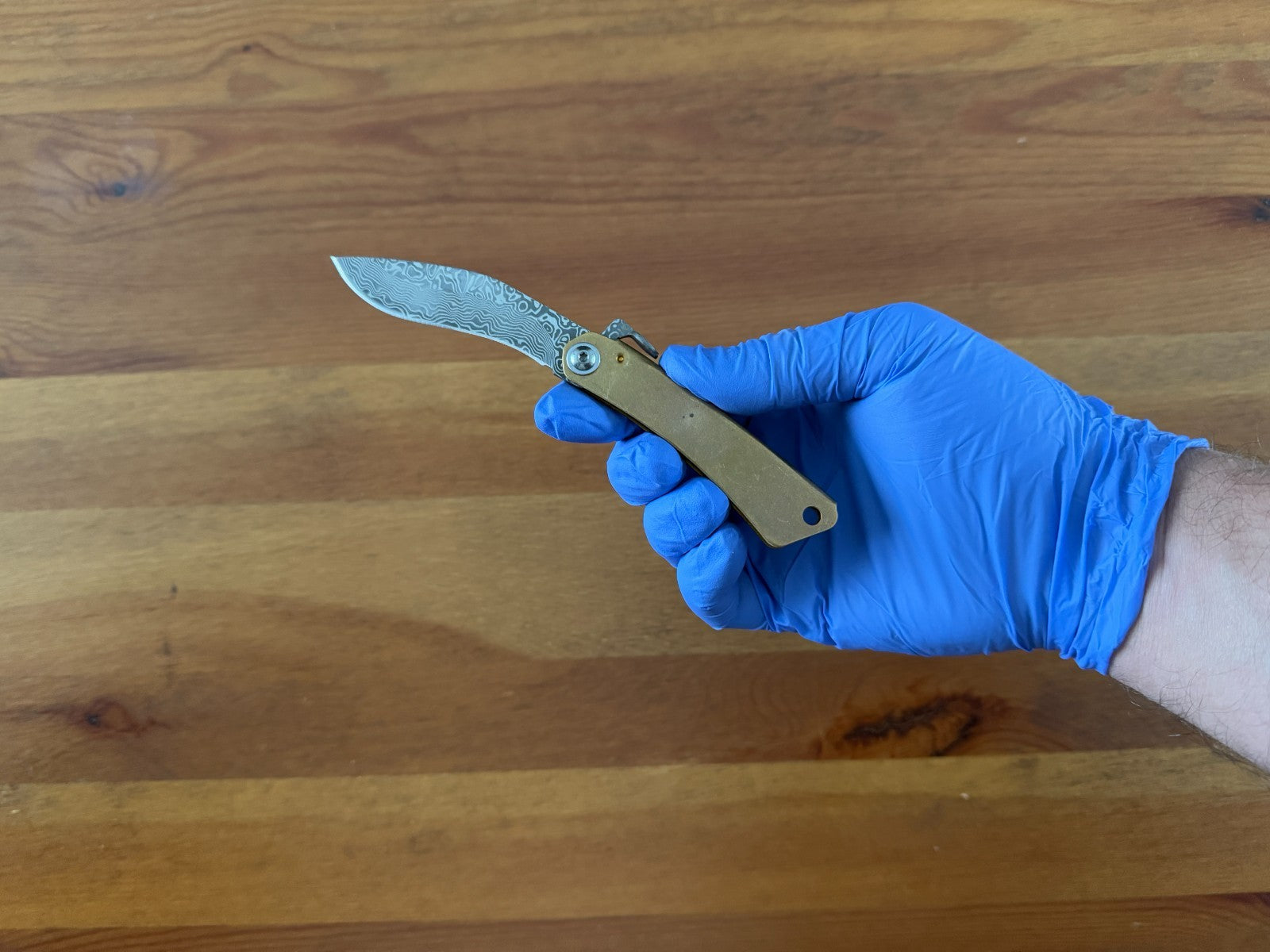 2.75" Damascus Falcata Blade Navaja Higonokami Pocket Knife Brass Handle Sheath