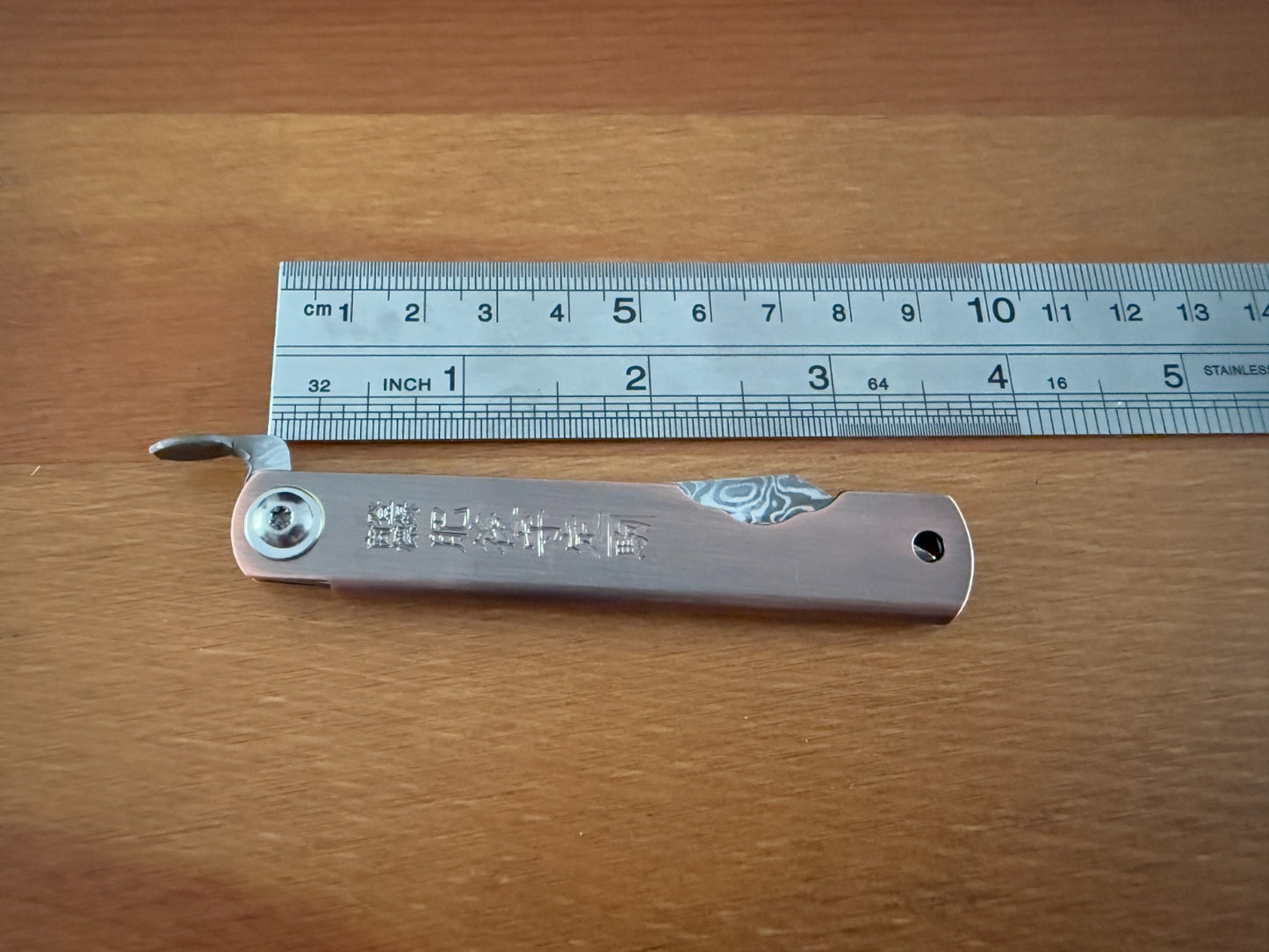 3" Damascus Navaja Higonokami Knife Steel Handle Satin Bronze Finish w/ Sheath