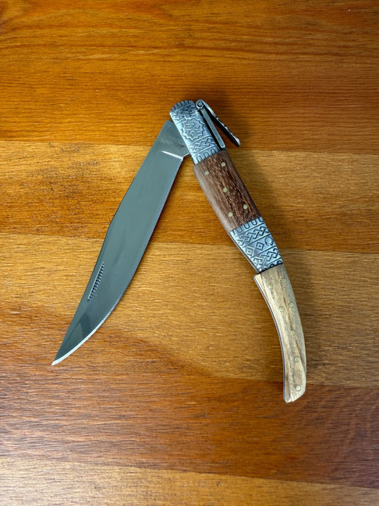 5.3" Blade Arabian Style Ratchet Navaja Knife Zebra Wood Handle Ornamented