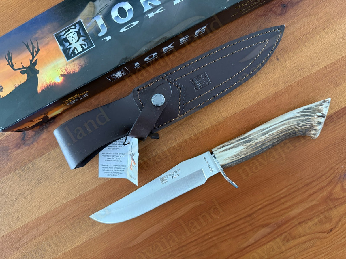 Joker Tigre Hunting Knife 6.7” MOVA Blade Deer Antler Handle Leather Sheath