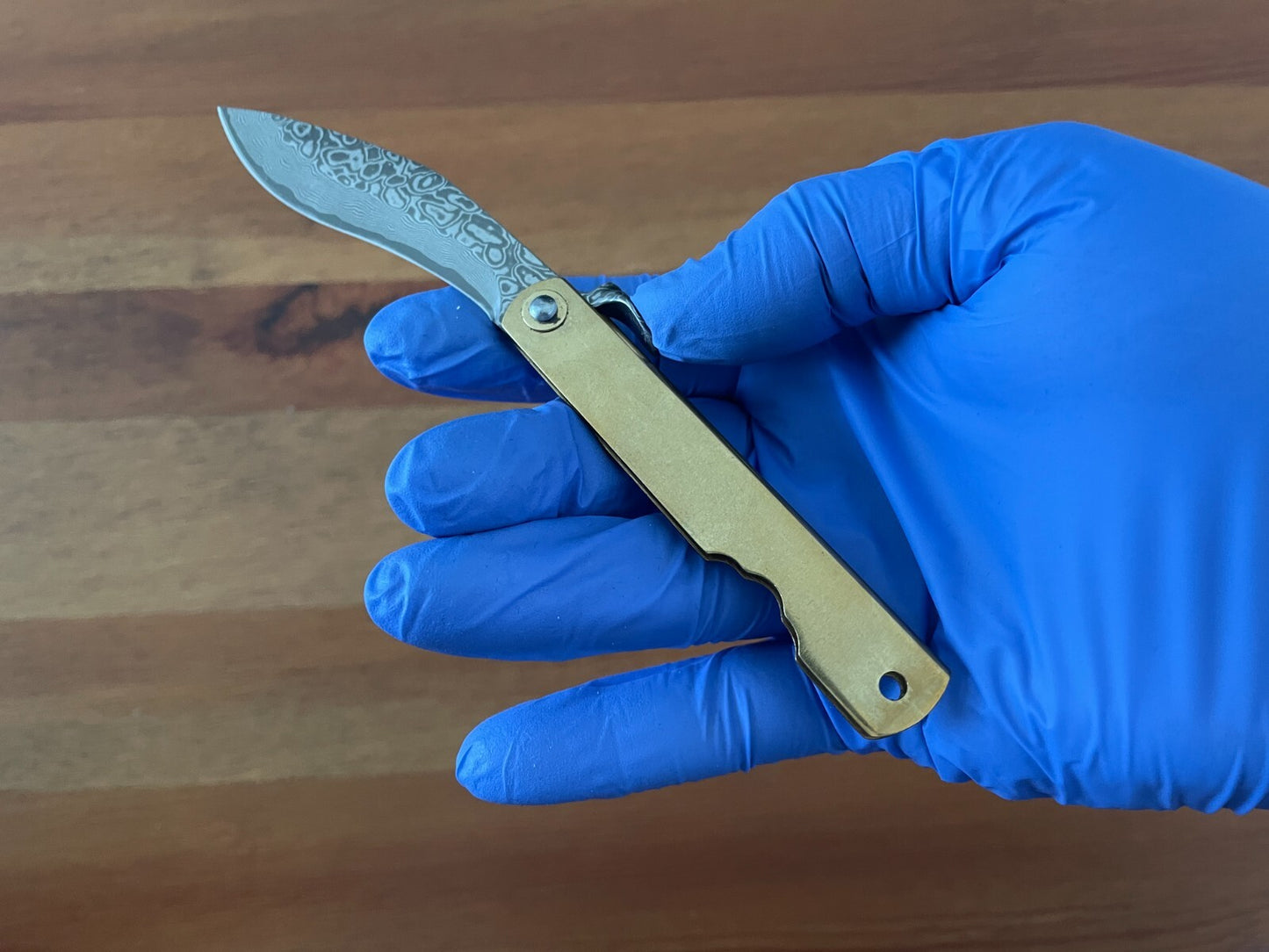 2.9" Navaja Higonokami Pocket Knife 79-layer Damascus Brass Handle with Sheath