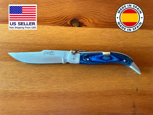 3.14” Spanish Navaja Teja Albacete Pocket Knife Blue Wood Handmade - USA Seller