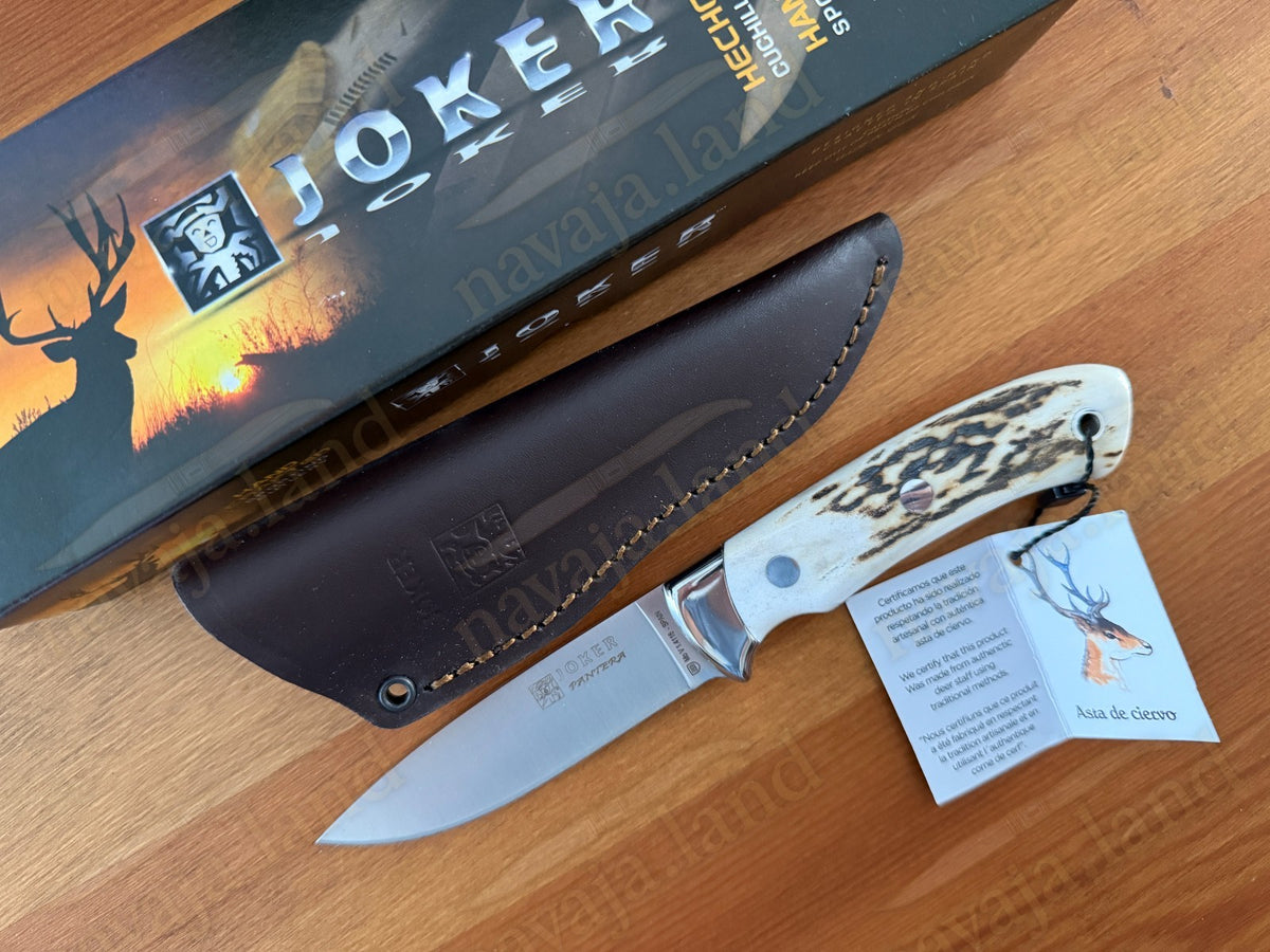 Joker Pantera Fixed Knife 3.7” MOVA Blade 🦌 Deer Antler Handle Leather Sheath