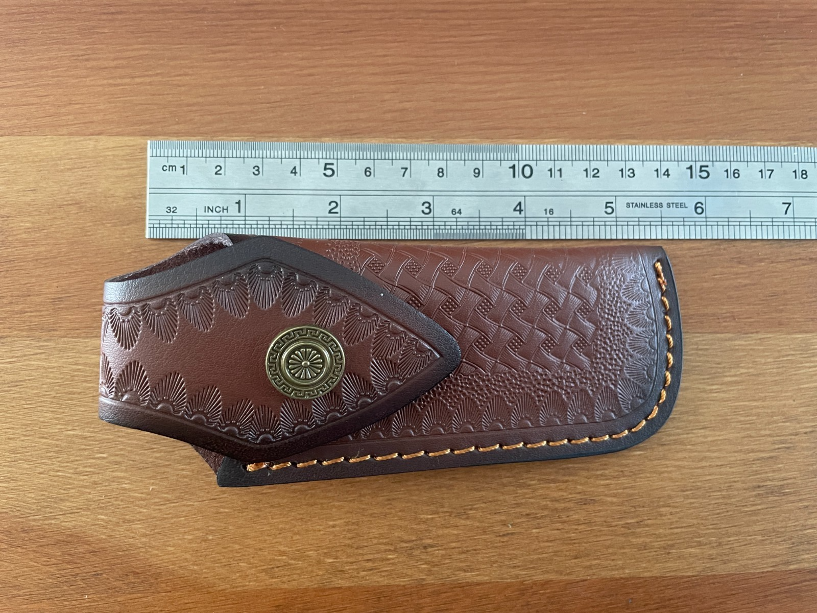 4.4 in. Brown Leather Pocket Knife Sheath with Belt Holder Hand Made Spain