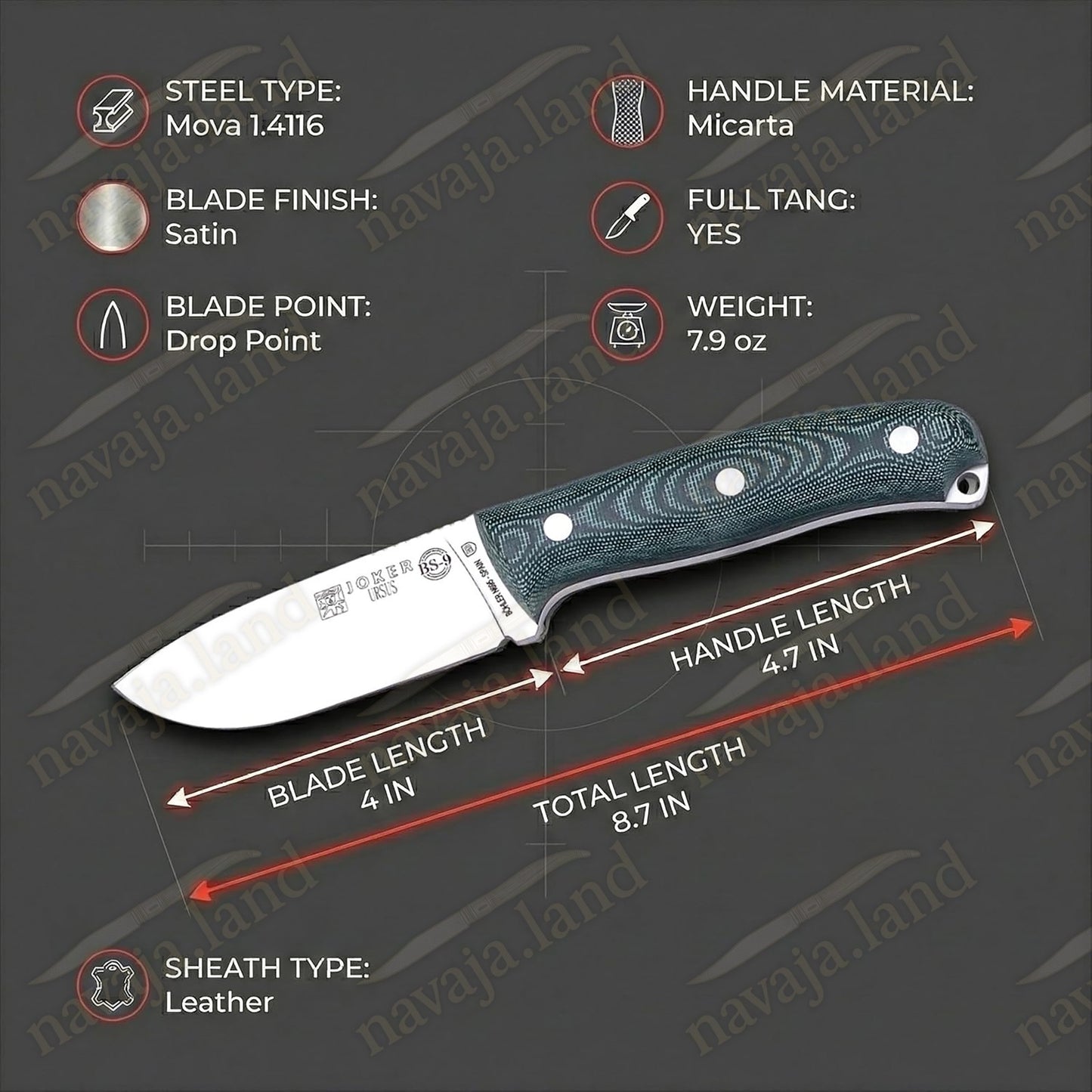 Joker Ursus Survival Knife Böhler N695 Black Micarta Full Tang + Leather Sheath