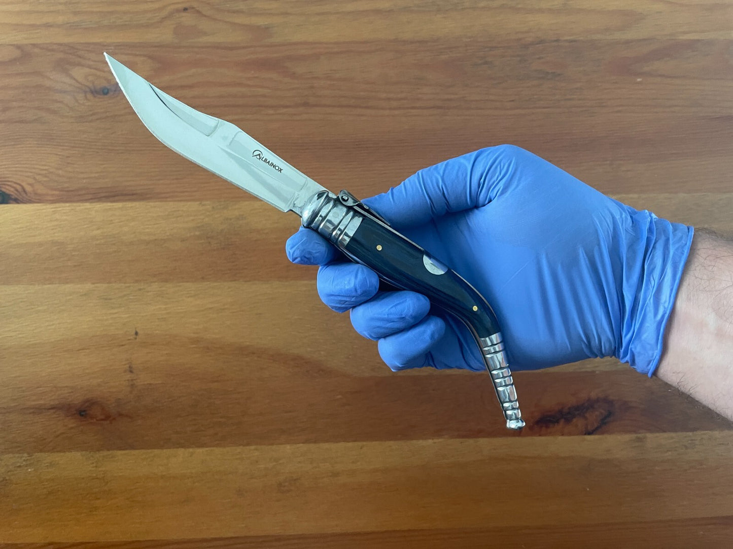 3.9" Spanish Navaja Sevillana Pocket Knife Blue Stamina Wood Scales with Ratchet