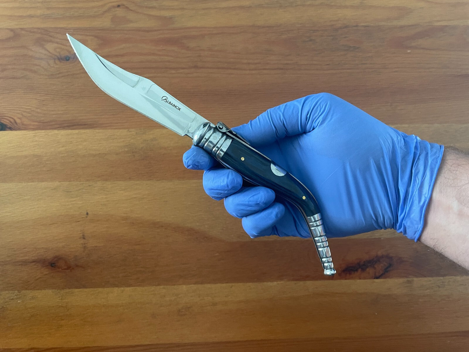 3.9" Spanish Navaja Sevillana Pocket Knife Blue Stamina Wood Scales with Ratchet