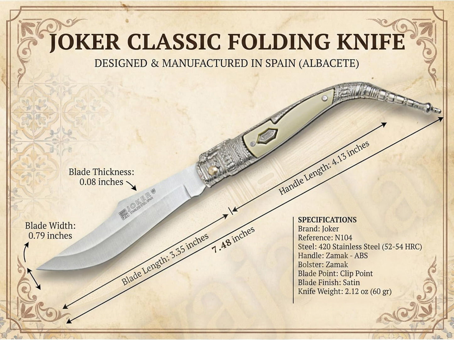 3.3” Albacete Navaja Joker Sevillana Knife Zamak Handle Handmade Slipjoint Spain