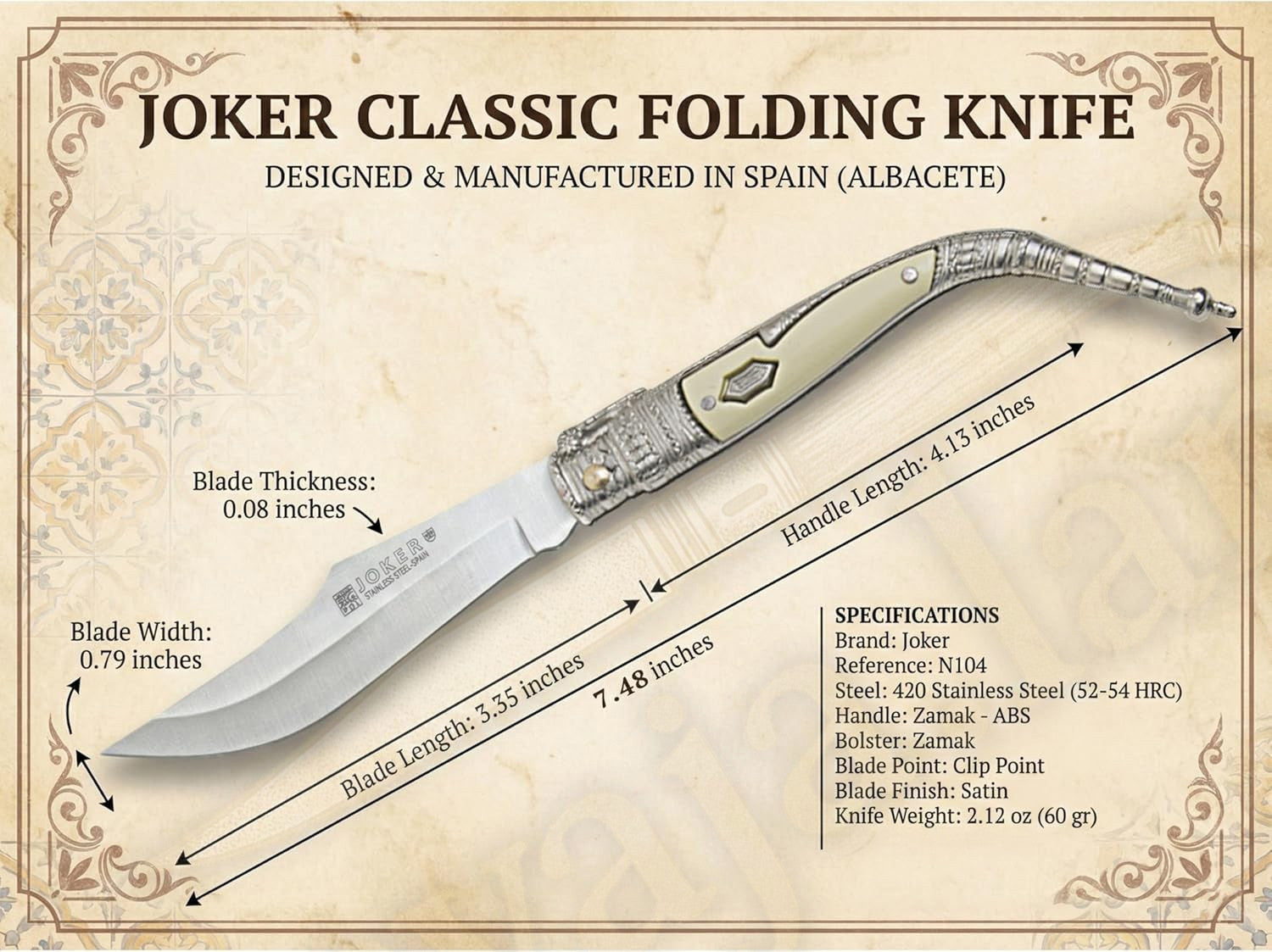 3.3” Albacete Navaja Joker Sevillana Knife Zamak Handle Handmade Slipjoint Spain